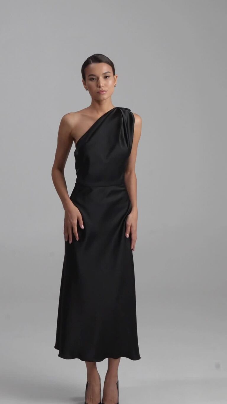 Julia Black Satin One-Shoulder Column Midi Dress
