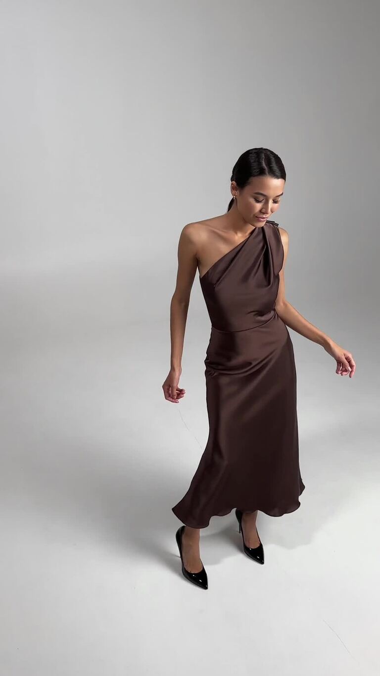 Julia Chocolate Satin One-Shoulder Column Midi Dress