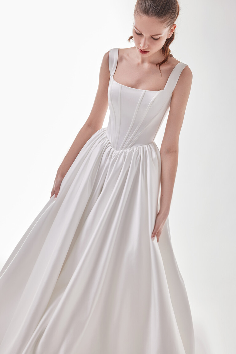 Casia satin gown featuring wide straps and modern square neckline design