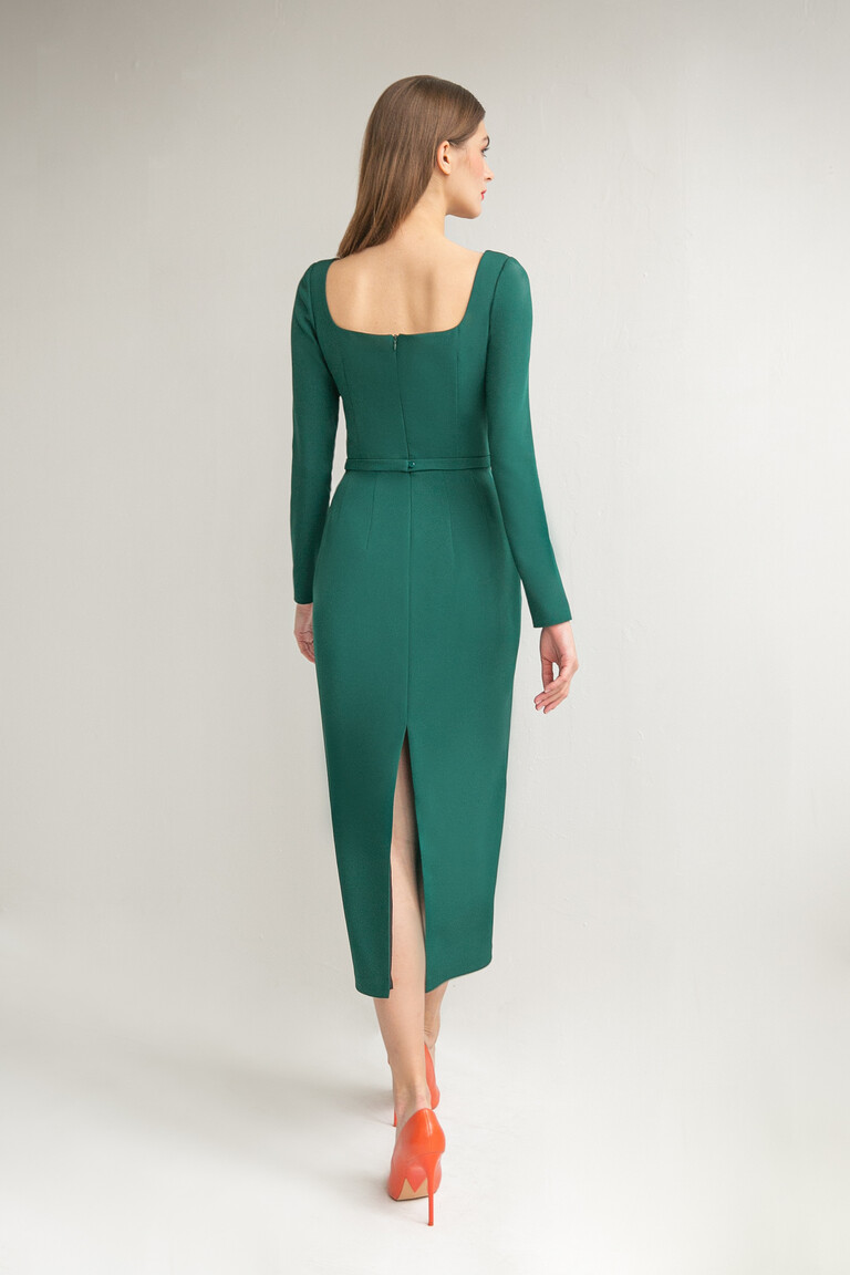 Back view of the Unona Viola green midi dress with a square back, concealed zipper, and a vent in the pencil skirt