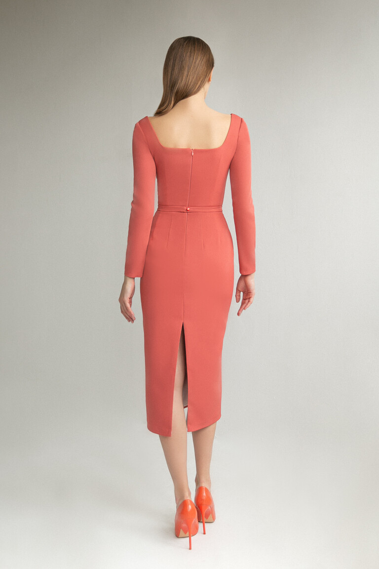 Back view of the Unona Viola midi dress in terracotta showcasing the square back neckline and center skirt slit