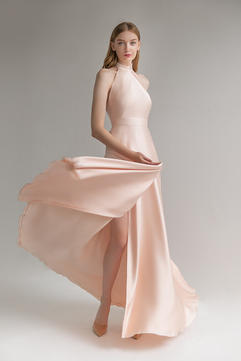 Peach Silk Backless Halter Dress