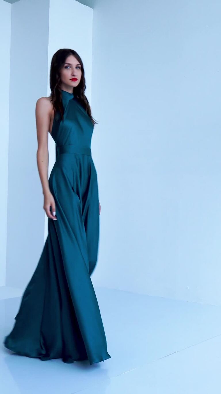 Emerald Green Silk Halter Gown