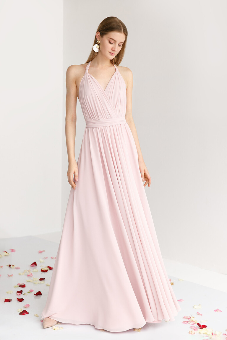 Powder Pink Chiffon Halter Open Back Dress