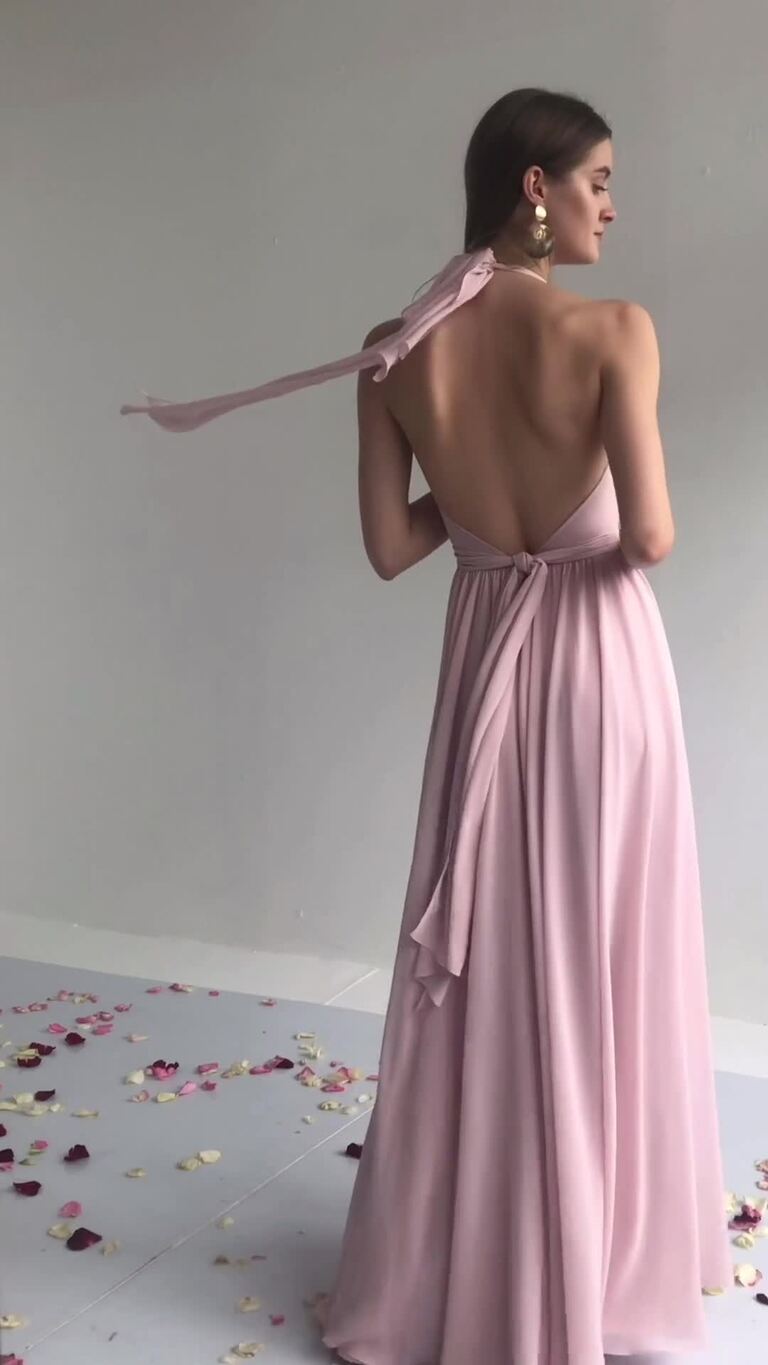 Powder Pink Chiffon Halter Open Back Dress