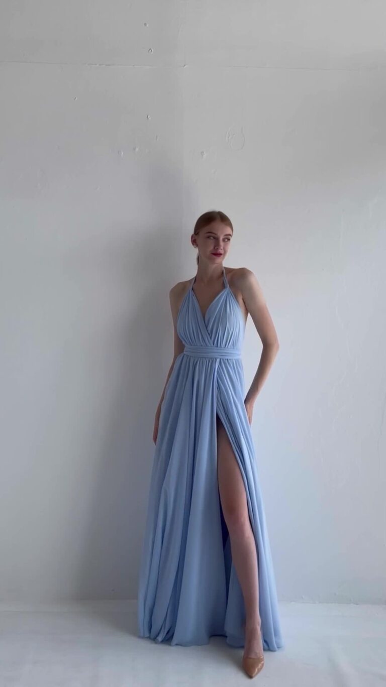 Light Blue Chiffon Halter Open Back Dress
