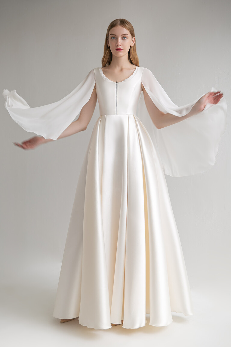 Unona Edite ivory satin A-line wedding dress front view showcasing scoop neck and flowing chiffon cape sleeves