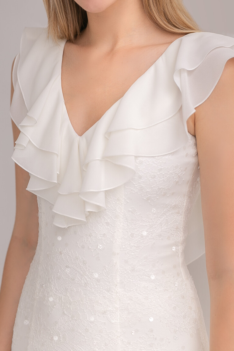Close-up front view of the Alison ivory bridal gown bodice featuring a flattering V-neckline and elegant ruffled straps.