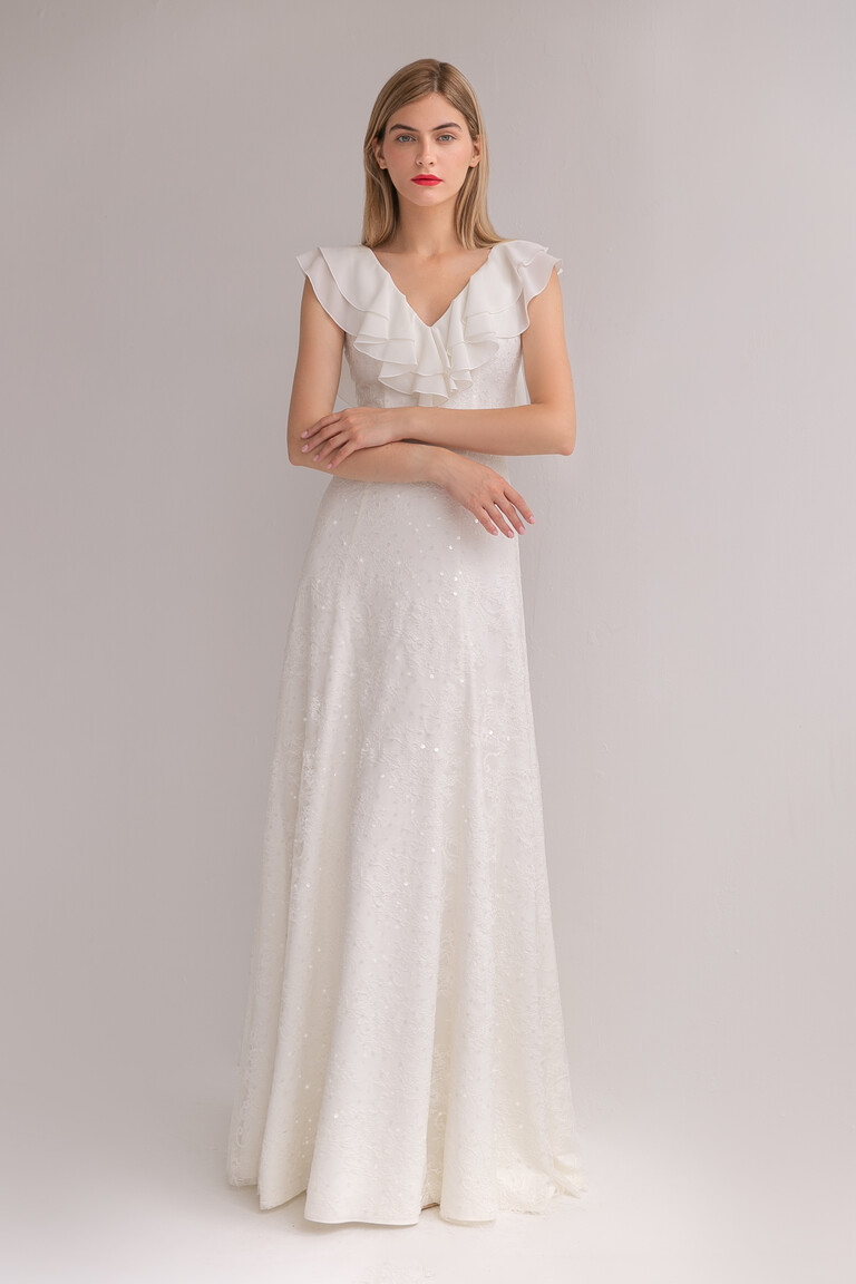 Full-length front view of the Alison ivory A-line wedding dress perfect for beach destinations or garden ceremonies.