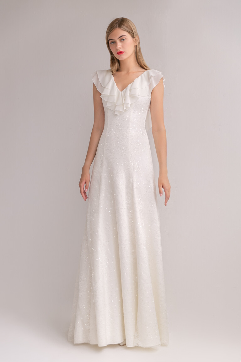 Front view of the Alison floor-length ivory lace wedding dress featuring a romantic A-line silhouette and V-neckline.