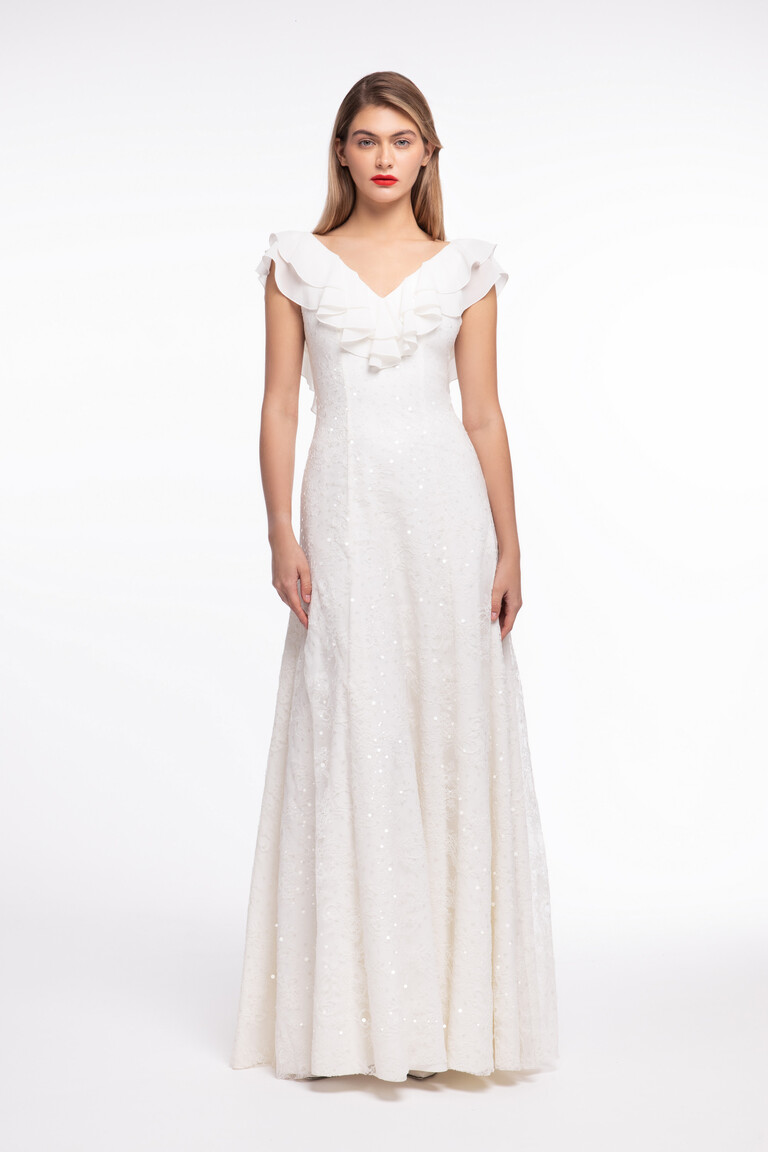 Front view of the romantic Alison ivory bridal gown featuring a flattering V-neck, cap sleeves, and sequined lace.