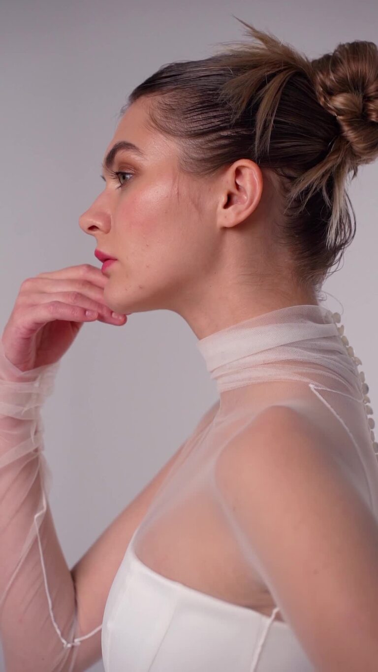 Liz Midi preview video # 2 Liz Ivory Midi Dress with High Neck Overlay