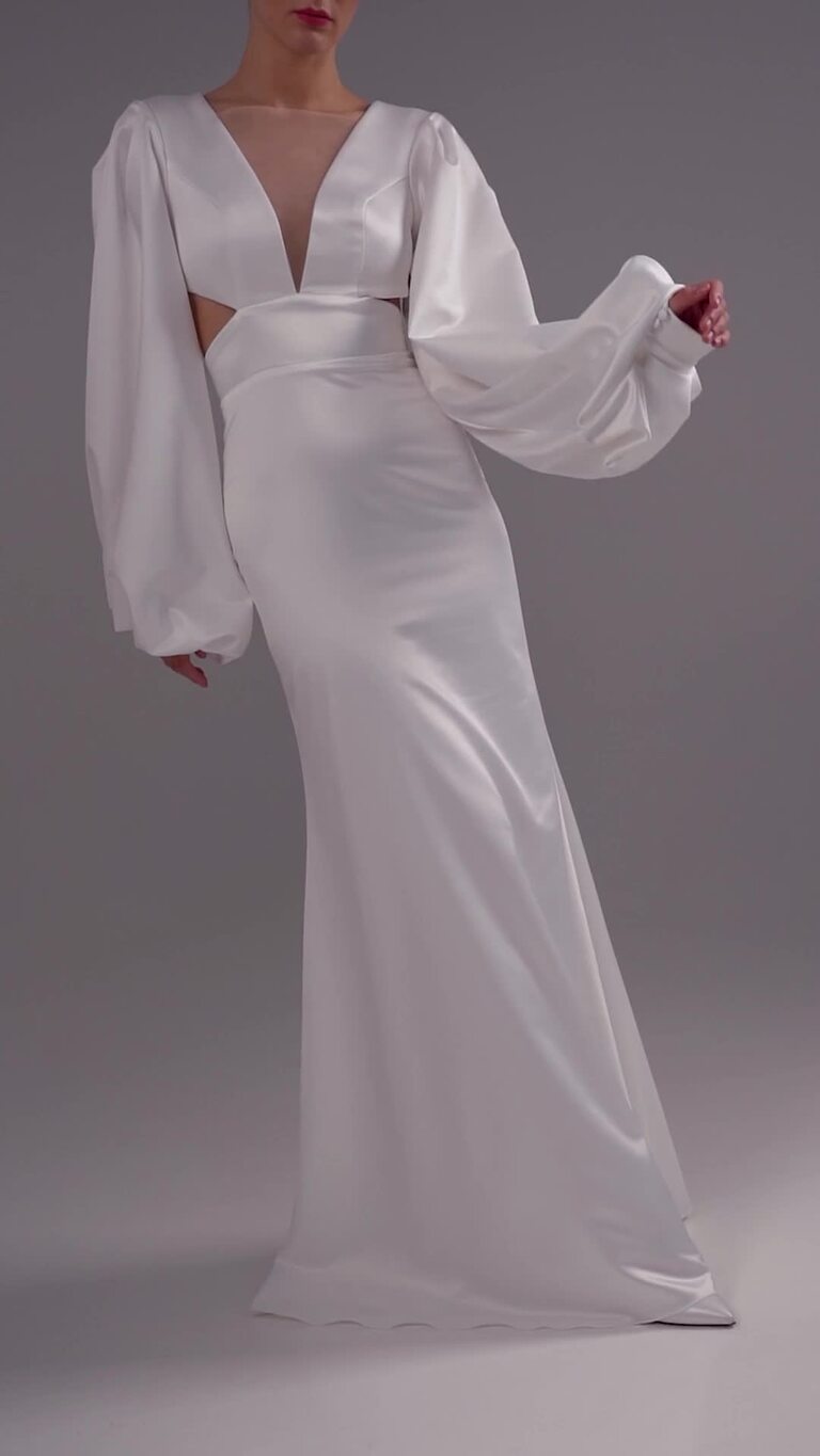 Hannah preview video # 2 Hannah Satin Mermaid Wedding Dress with Voluminous Sleeves