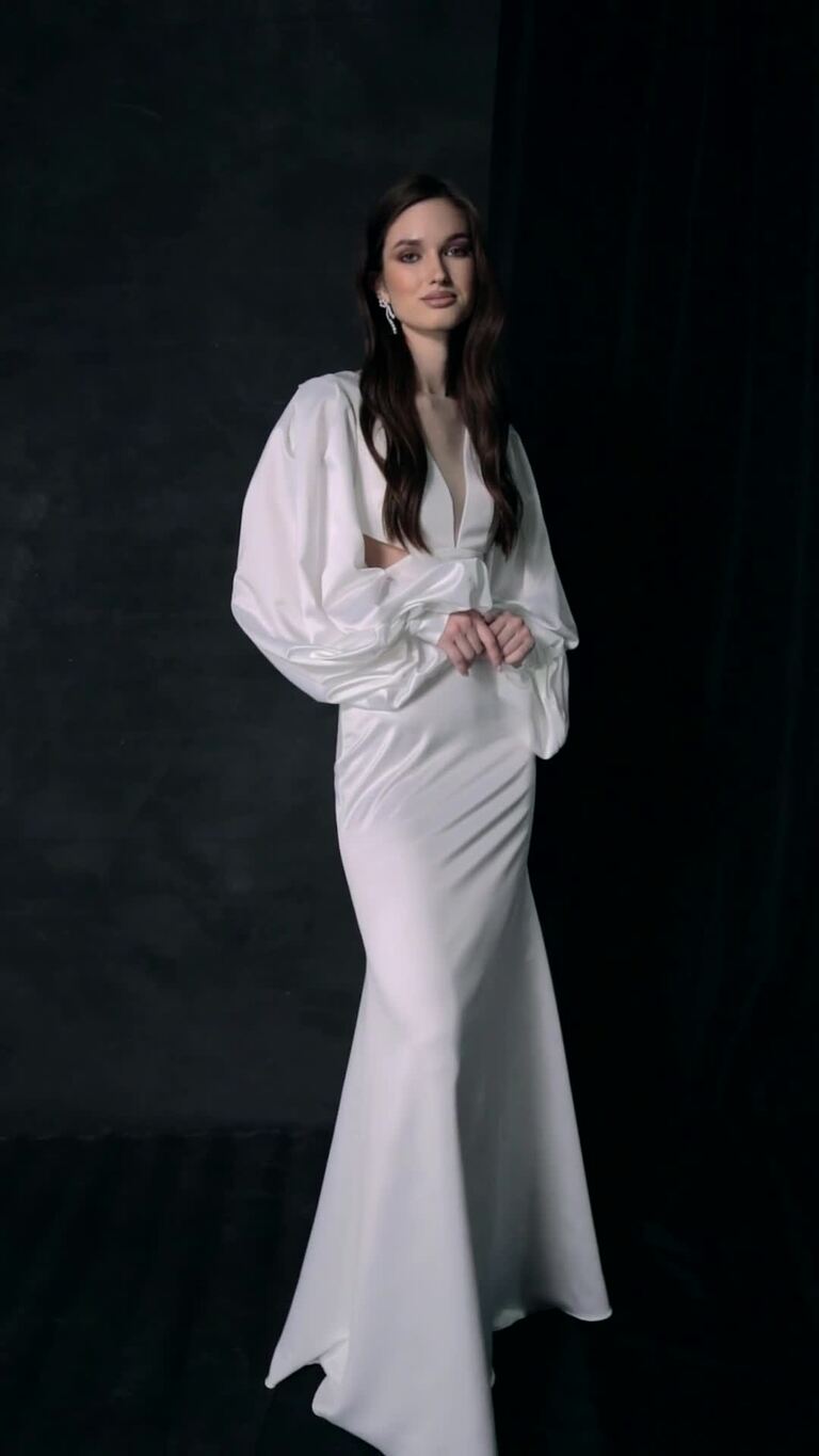 Hannah preview video # 13 Hannah Satin Mermaid Wedding Dress with Voluminous Sleeves