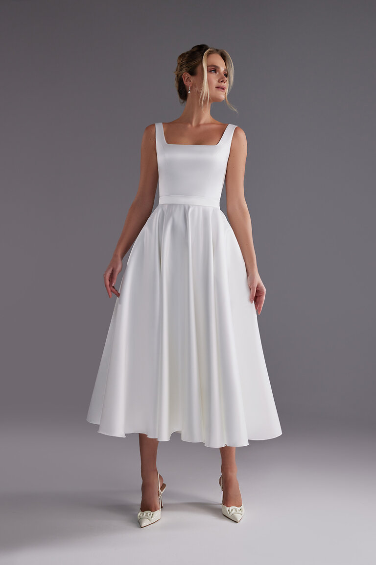 Classic A-Line Satin Midi Dress Vlada Unona Vlada midi A-line wedding dress in off-white satin with a classic square neckline and pleated skirt