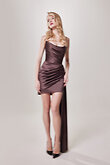 Chocolate Strapless Draped Satin Mini Dress preview photo # 6
