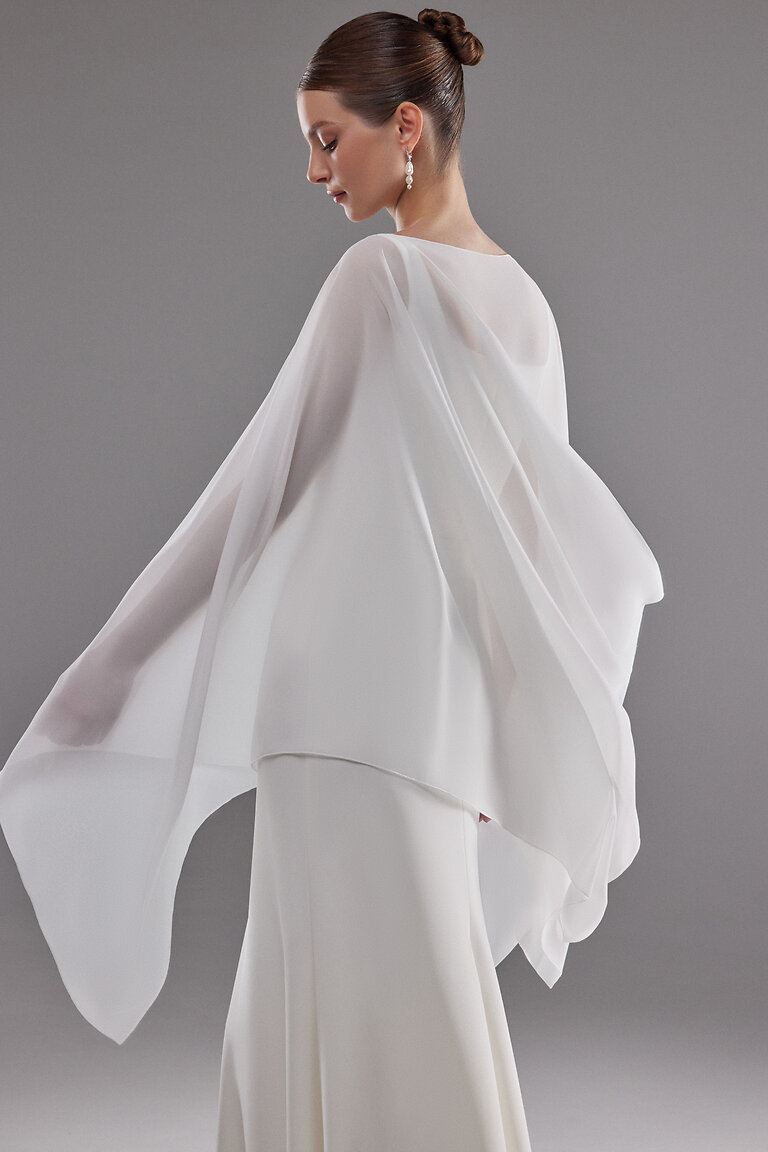 Iman Cape Modern Bridal Veil Alternative Back view of the Iman sheer chiffon wedding cape by Unona, a modern alternative to a traditional bridal veil.