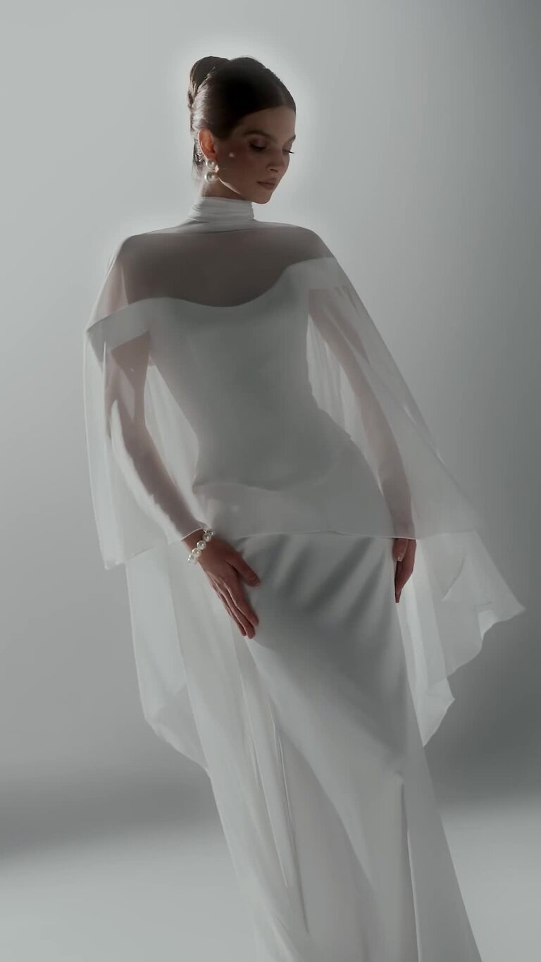 Naila Cape preview video # 2 White Chiffon Bridal Cape with Train