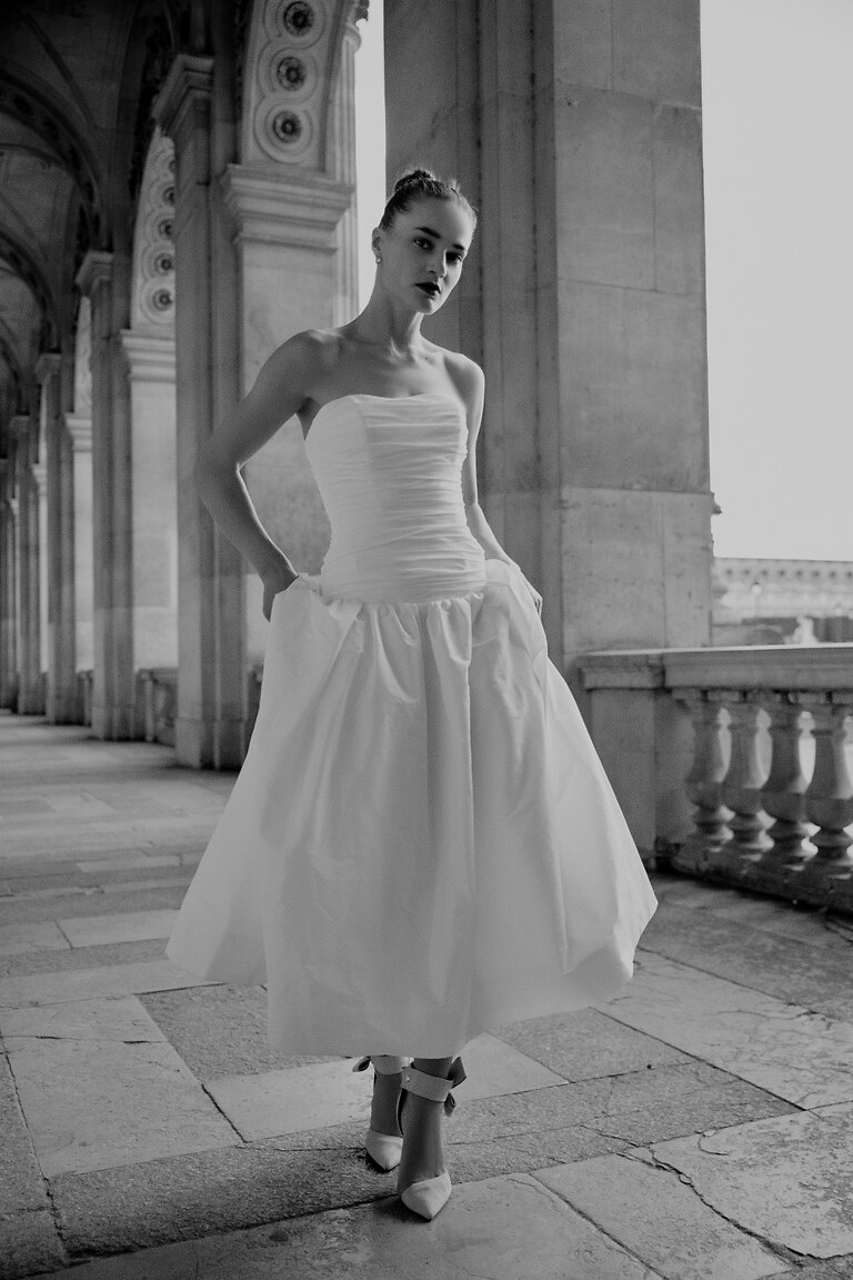 Modern A-Line Midi Wedding Dress with Pockets Full-length view of the Louise modern A-line midi wedding dress with side pockets and a chic drop waistline.