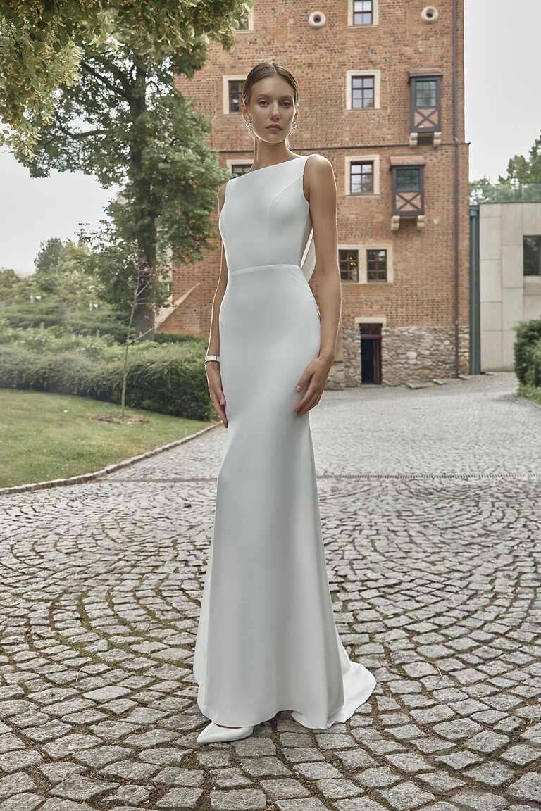 Full length front view of Paola ivory sleeveless bridal dress for civil or courthouse wedding