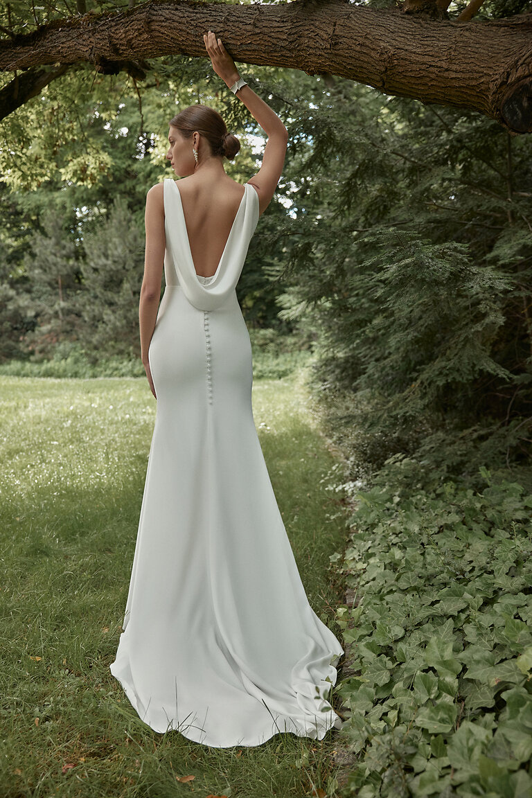 Paola ivory stretch crepe reception wedding dress back view with stunning open back