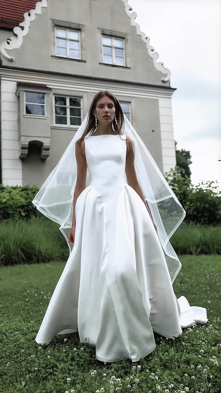 Marine preview video # 2 Ivory Mikado A-Line Wedding Dress with Drop Waist