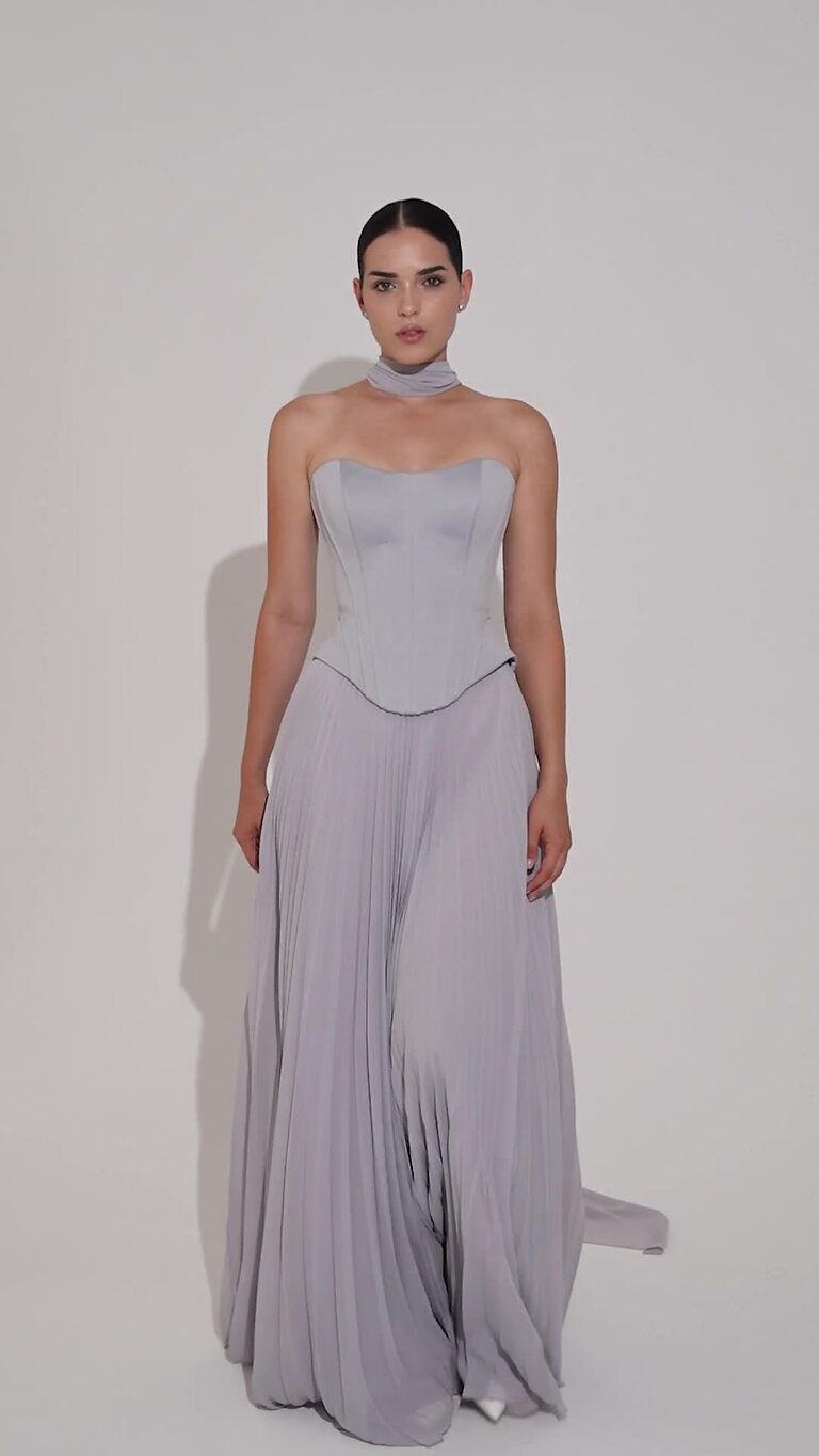 Ellora preview video # 2 Ellora Pleated Grey Satin Formal Dress